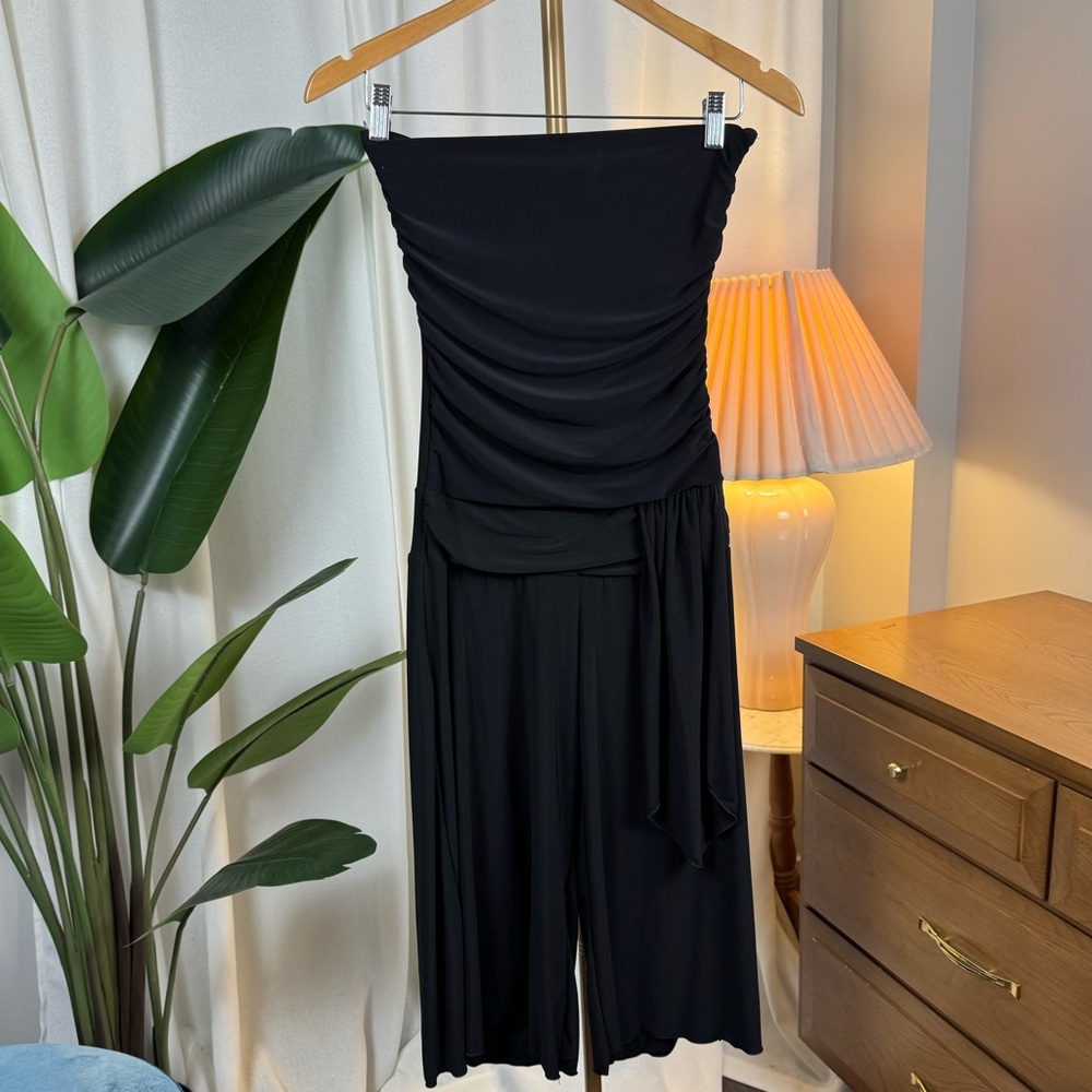 Vintage Y2K Strapless Ruched Wide Leg Culotte Capri Drop-Waist Jumpsuit sz Small